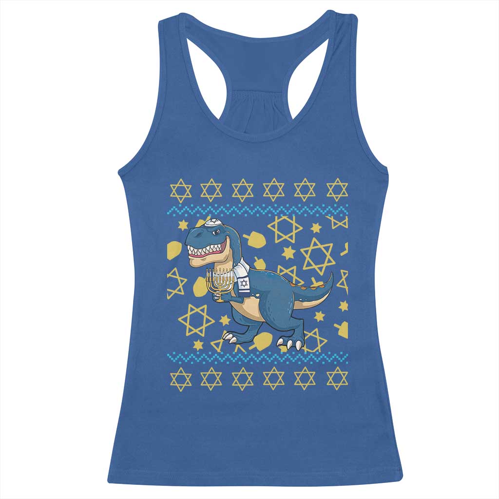 Funny Hanukkah Dinosaur Lover Ugly Sweater Racerback Tank Top Festival Of Lights Gift TS12 Royal Blue Print Your Wear