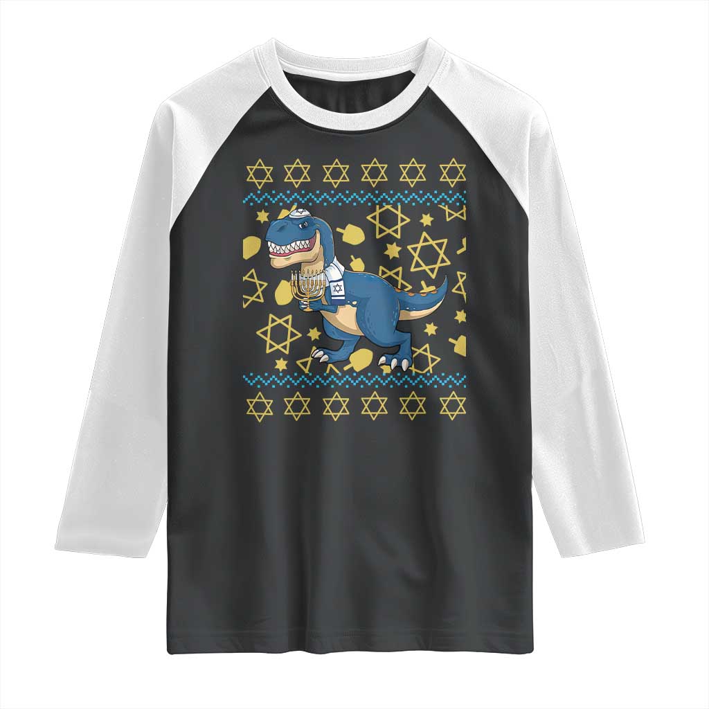 Funny Hanukkah Dinosaur Lover Ugly Sweater Raglan Shirt Festival Of Lights Gift TS12 Black White Print Your Wear