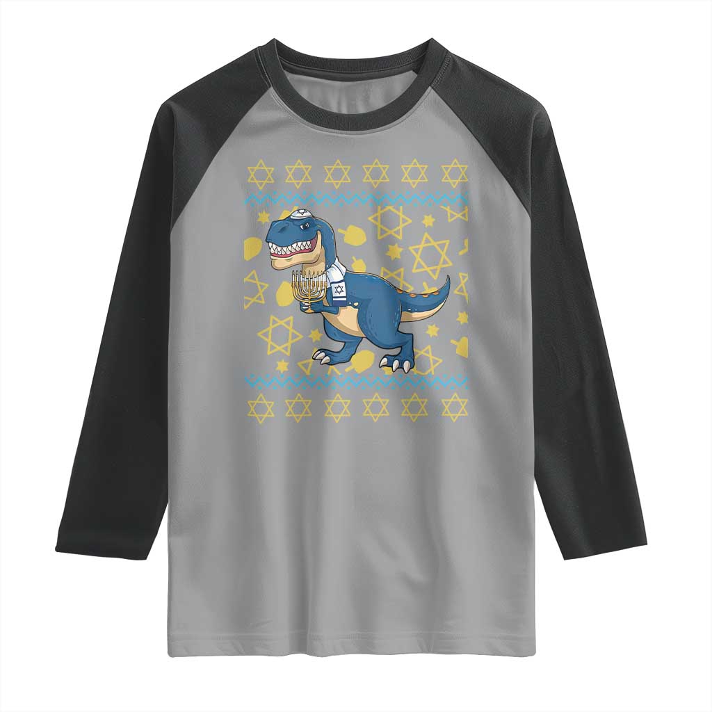 Funny Hanukkah Dinosaur Lover Ugly Sweater Raglan Shirt Festival Of Lights Gift TS12 Sport Gray Black Print Your Wear