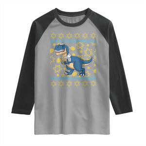 Funny Hanukkah Dinosaur Lover Ugly Sweater Raglan Shirt Festival Of Lights Gift TS12 Sport Gray Black Print Your Wear