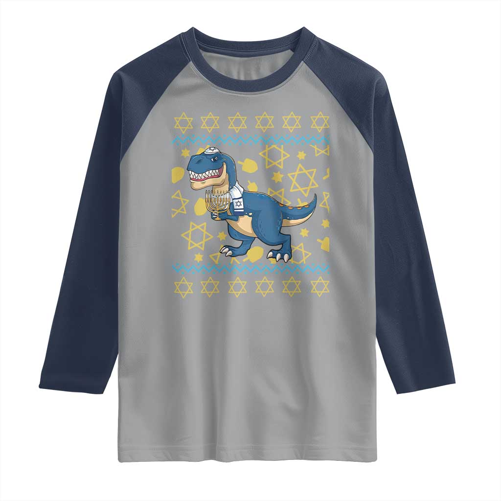 Funny Hanukkah Dinosaur Lover Ugly Sweater Raglan Shirt Festival Of Lights Gift TS12 Sport Gray Navy Print Your Wear