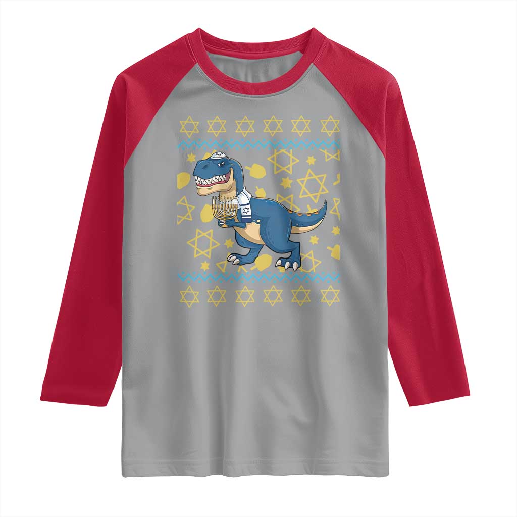 Funny Hanukkah Dinosaur Lover Ugly Sweater Raglan Shirt Festival Of Lights Gift TS12 Sport Gray Red Print Your Wear
