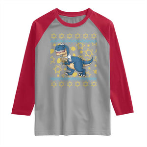 Funny Hanukkah Dinosaur Lover Ugly Sweater Raglan Shirt Festival Of Lights Gift TS12 Sport Gray Red Print Your Wear