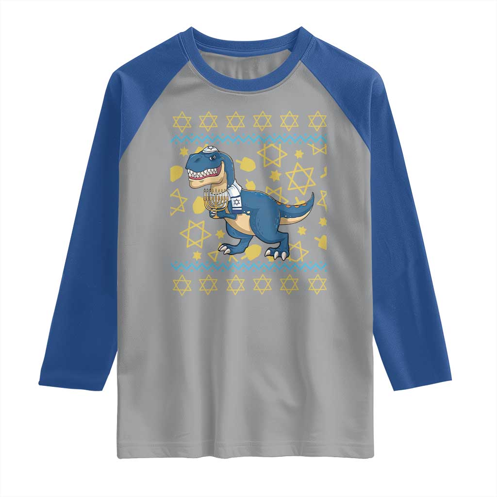 Funny Hanukkah Dinosaur Lover Ugly Sweater Raglan Shirt Festival Of Lights Gift TS12 Sport Gray Royal Print Your Wear