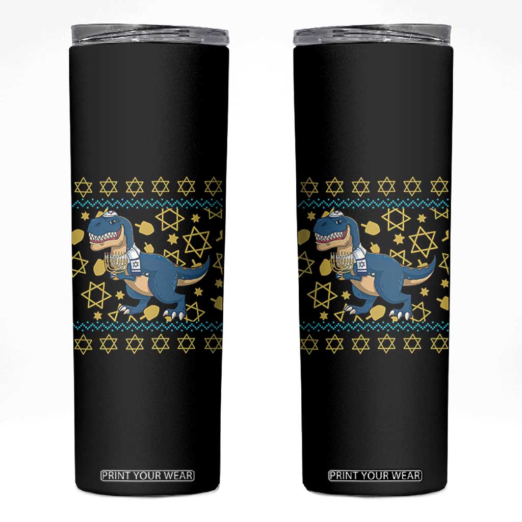 Funny Hanukkah Dinosaur Lover Ugly Sweater Skinny Tumbler Festival Of Lights Gift TS12 Black Print Your Wear