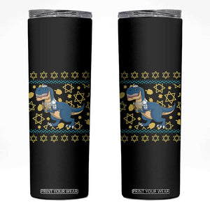 Funny Hanukkah Dinosaur Lover Ugly Sweater Skinny Tumbler Festival Of Lights Gift TS12 Black Print Your Wear