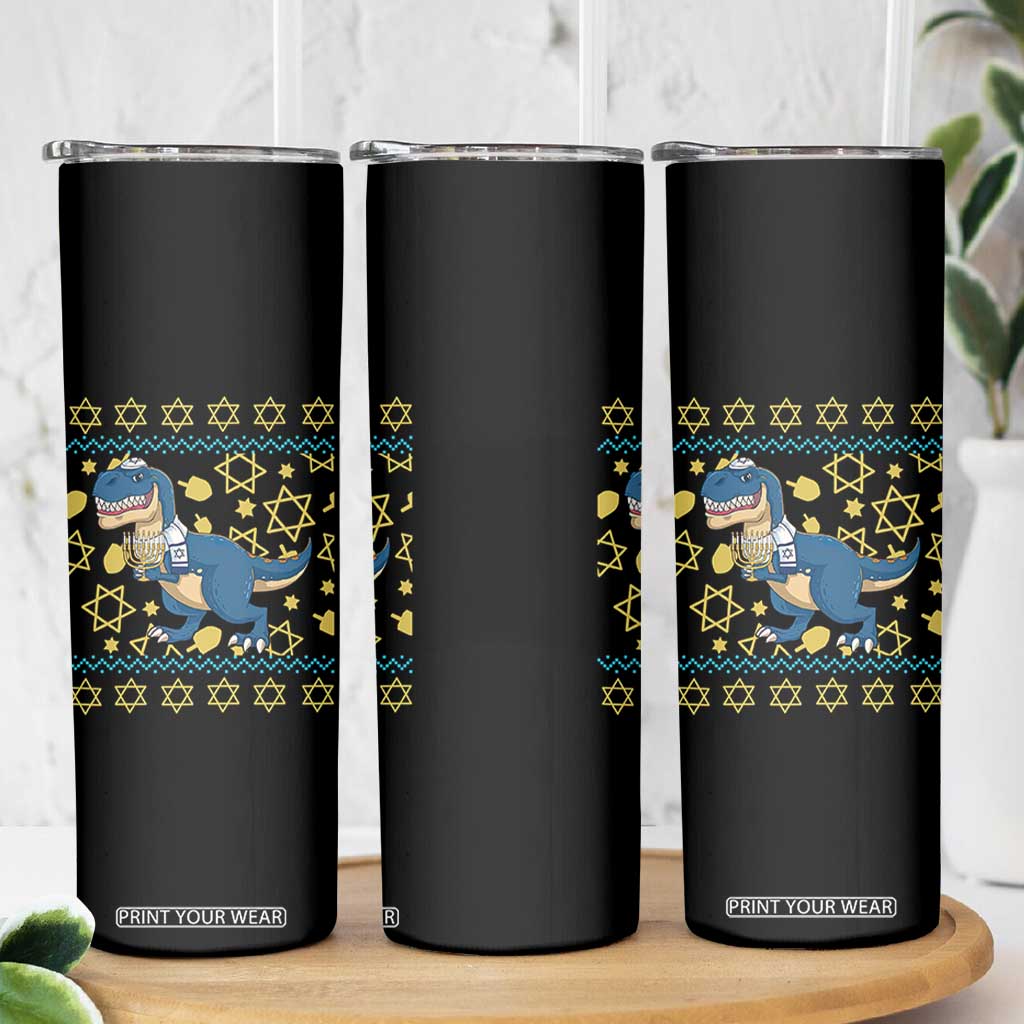 Funny Hanukkah Dinosaur Lover Ugly Sweater Skinny Tumbler Festival Of Lights Gift TS12 Print Your Wear