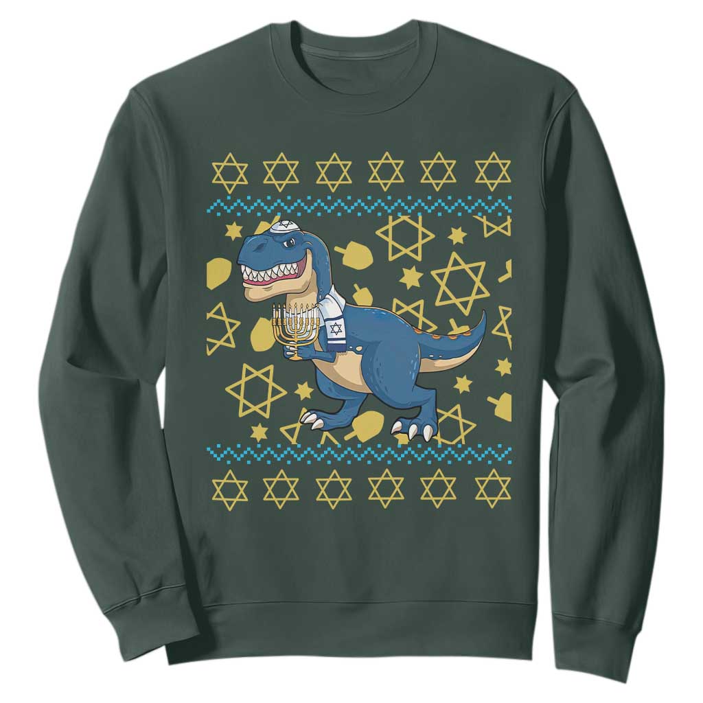 Funny Hanukkah Dinosaur Lover Ugly Sweater Sweatshirt Festival Of Lights Gift TS12 Dark Forest Green Print Your Wear