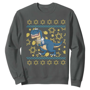 Funny Hanukkah Dinosaur Lover Ugly Sweater Sweatshirt Festival Of Lights Gift TS12 Dark Heather Print Your Wear