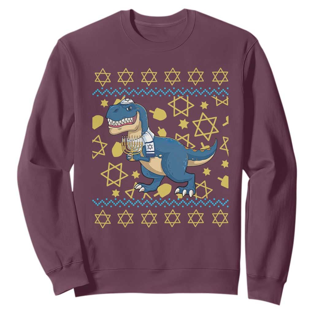 Funny Hanukkah Dinosaur Lover Ugly Sweater Sweatshirt Festival Of Lights Gift TS12 Maroon Print Your Wear