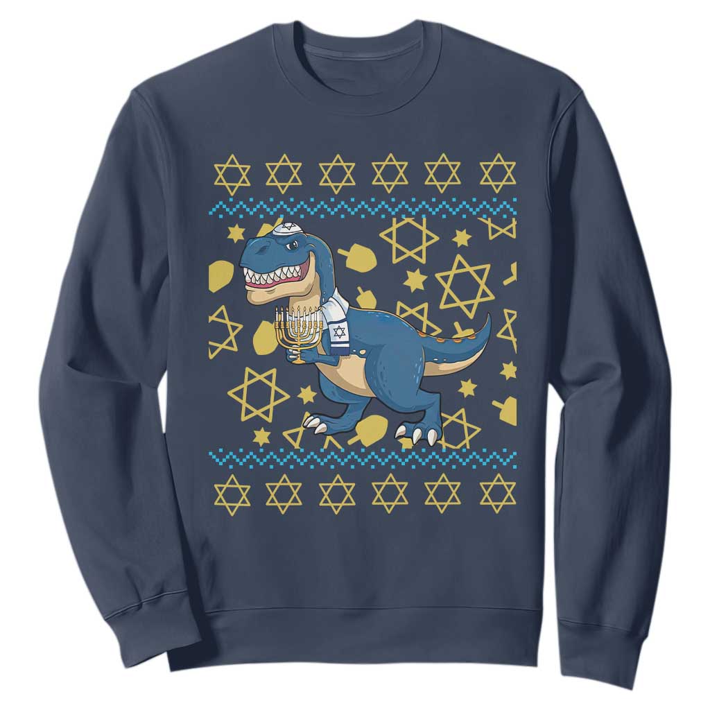 Funny Hanukkah Dinosaur Lover Ugly Sweater Sweatshirt Festival Of Lights Gift TS12 Navy Print Your Wear