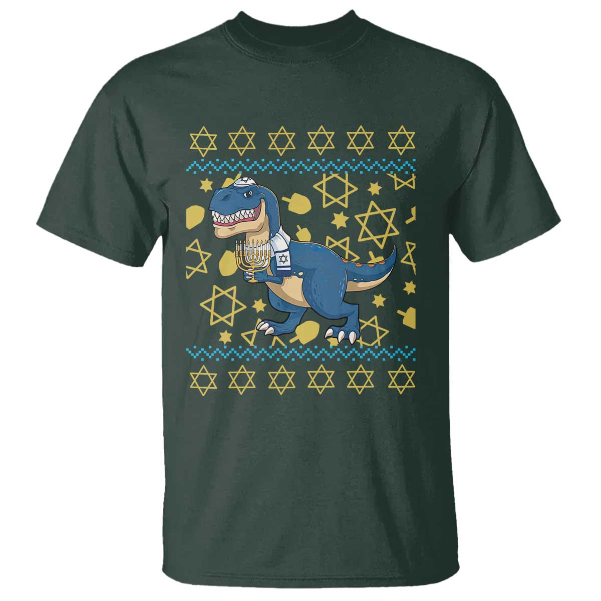 Funny Hanukkah Dinosaur Lover Ugly Sweater T Shirt Festival Of Lights Gift TS12 Dark Forest Green Print Your Wear