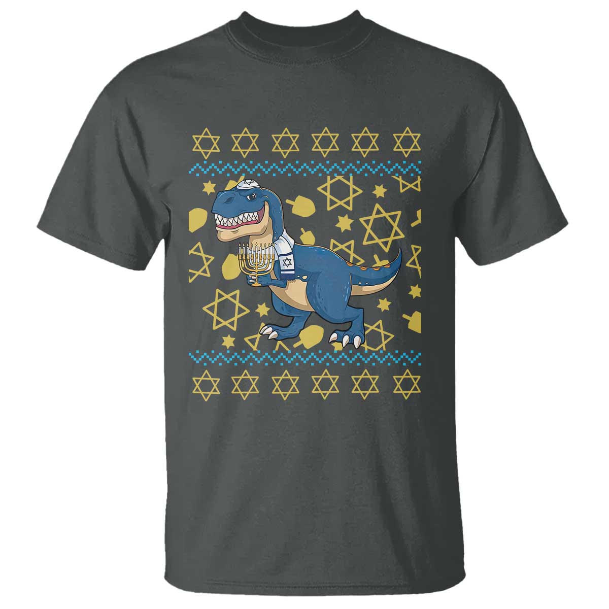 Funny Hanukkah Dinosaur Lover Ugly Sweater T Shirt Festival Of Lights Gift TS12 Dark Heather Print Your Wear