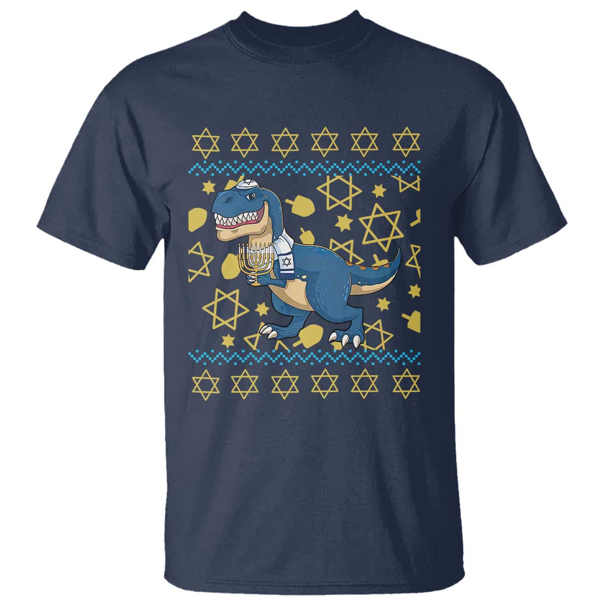 Funny Hanukkah Dinosaur Lover Ugly Sweater T Shirt Festival Of Lights Gift TS12 Navy Print Your Wear
