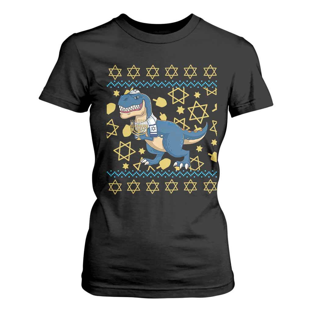 Funny Hanukkah Dinosaur Lover Ugly Sweater T Shirt For Women Festival Of Lights Gift TS12 Black Print Your Wear