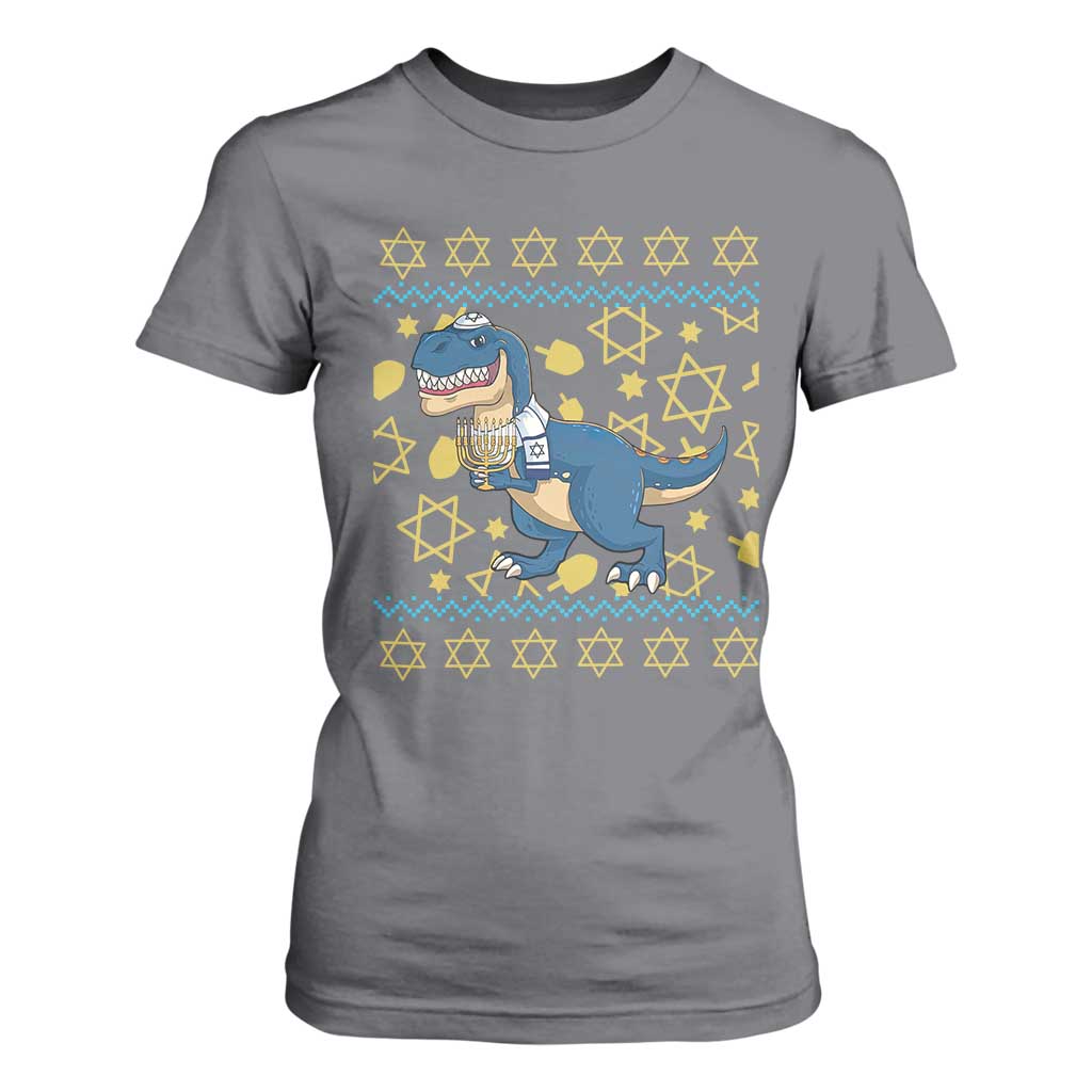 Funny Hanukkah Dinosaur Lover Ugly Sweater T Shirt For Women Festival Of Lights Gift TS12 Charcoal Print Your Wear