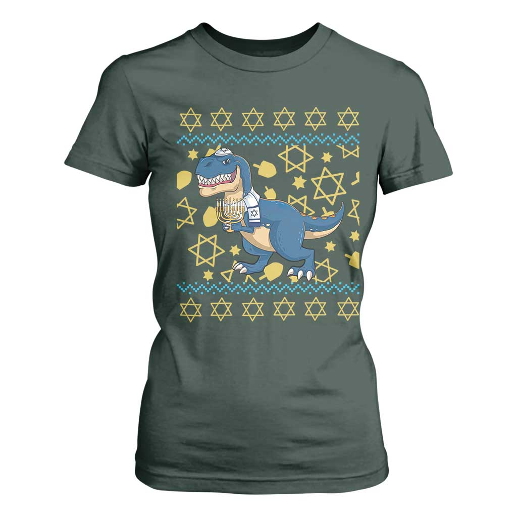 Funny Hanukkah Dinosaur Lover Ugly Sweater T Shirt For Women Festival Of Lights Gift TS12 Dark Forest Green Print Your Wear
