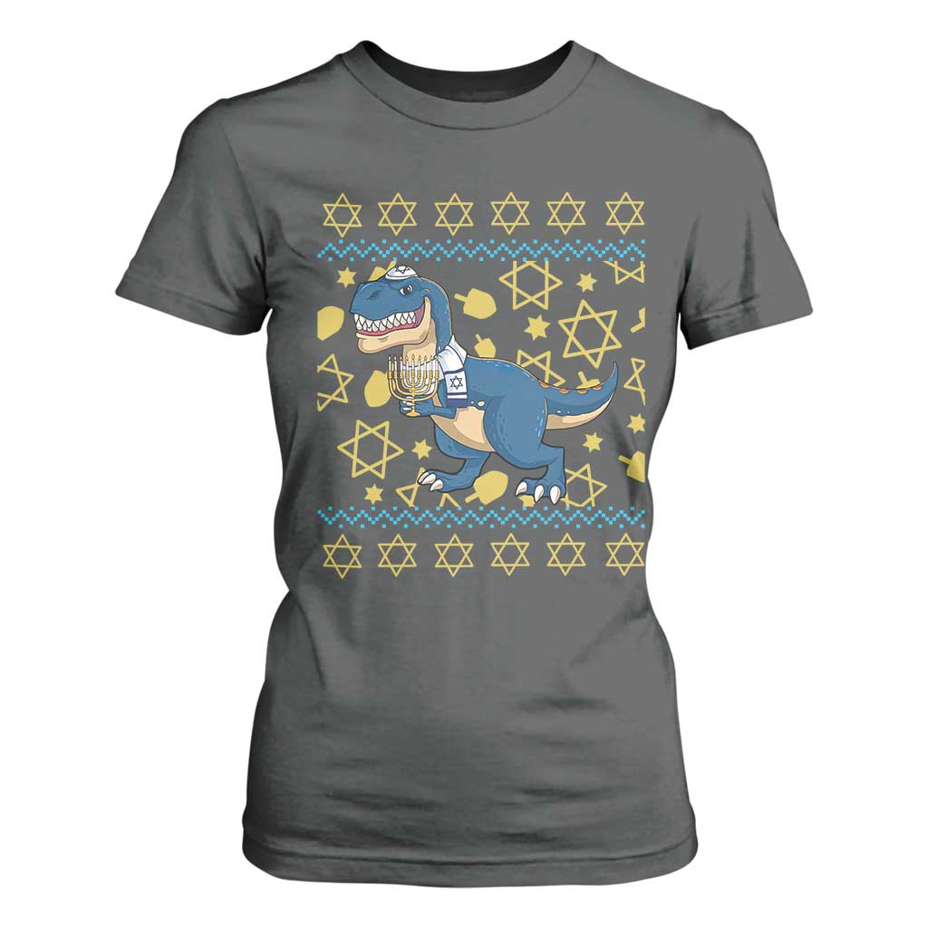 Funny Hanukkah Dinosaur Lover Ugly Sweater T Shirt For Women Festival Of Lights Gift TS12 Dark Heather Print Your Wear