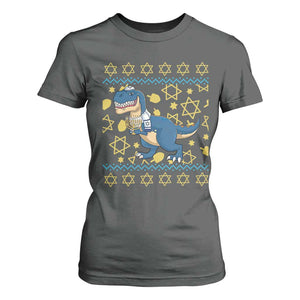 Funny Hanukkah Dinosaur Lover Ugly Sweater T Shirt For Women Festival Of Lights Gift TS12 Dark Heather Print Your Wear