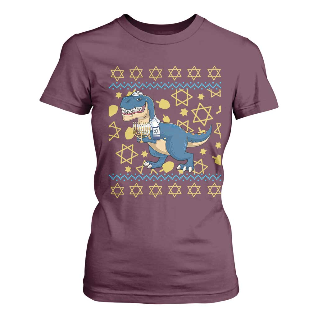 Funny Hanukkah Dinosaur Lover Ugly Sweater T Shirt For Women Festival Of Lights Gift TS12 Maroon Print Your Wear