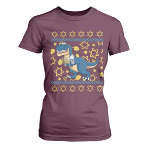 Funny Hanukkah Dinosaur Lover Ugly Sweater T Shirt For Women Festival Of Lights Gift TS12 Maroon Print Your Wear