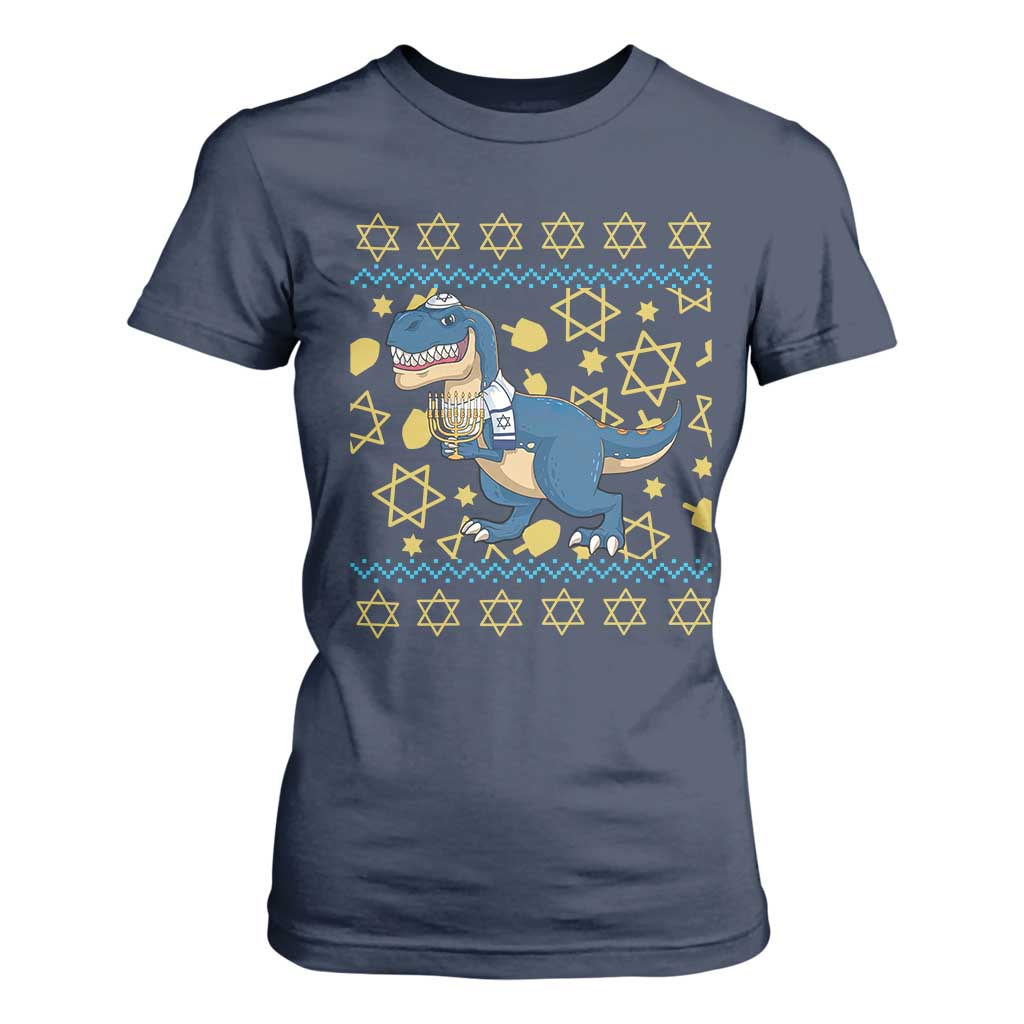 Funny Hanukkah Dinosaur Lover Ugly Sweater T Shirt For Women Festival Of Lights Gift TS12 Navy Print Your Wear
