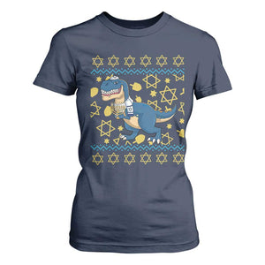 Funny Hanukkah Dinosaur Lover Ugly Sweater T Shirt For Women Festival Of Lights Gift TS12 Navy Print Your Wear