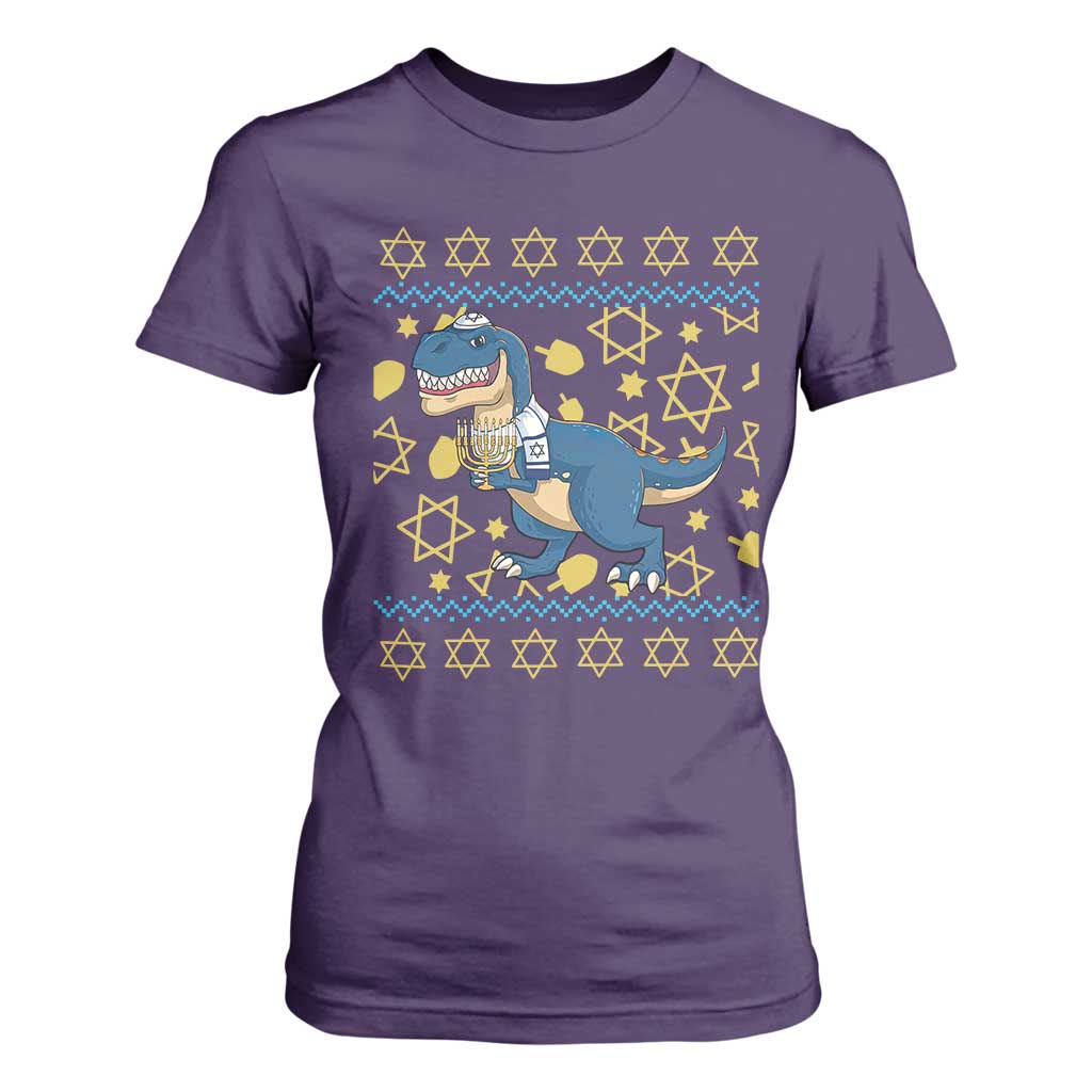 Funny Hanukkah Dinosaur Lover Ugly Sweater T Shirt For Women Festival Of Lights Gift TS12 Purple Print Your Wear