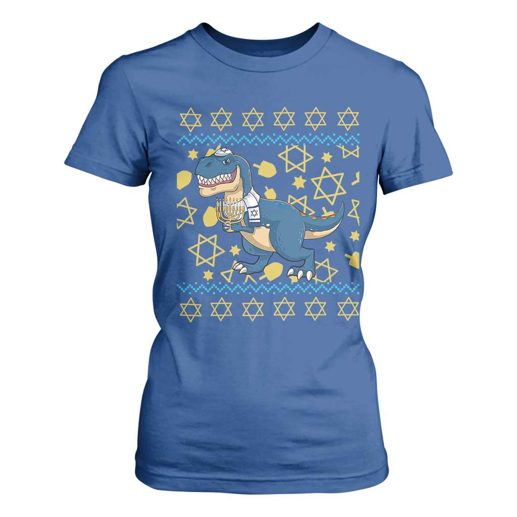 Funny Hanukkah Dinosaur Lover Ugly Sweater T Shirt For Women Festival Of Lights Gift TS12 Royal Blue Print Your Wear