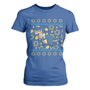 Funny Hanukkah Dinosaur Lover Ugly Sweater T Shirt For Women Festival Of Lights Gift TS12 Royal Blue Print Your Wear