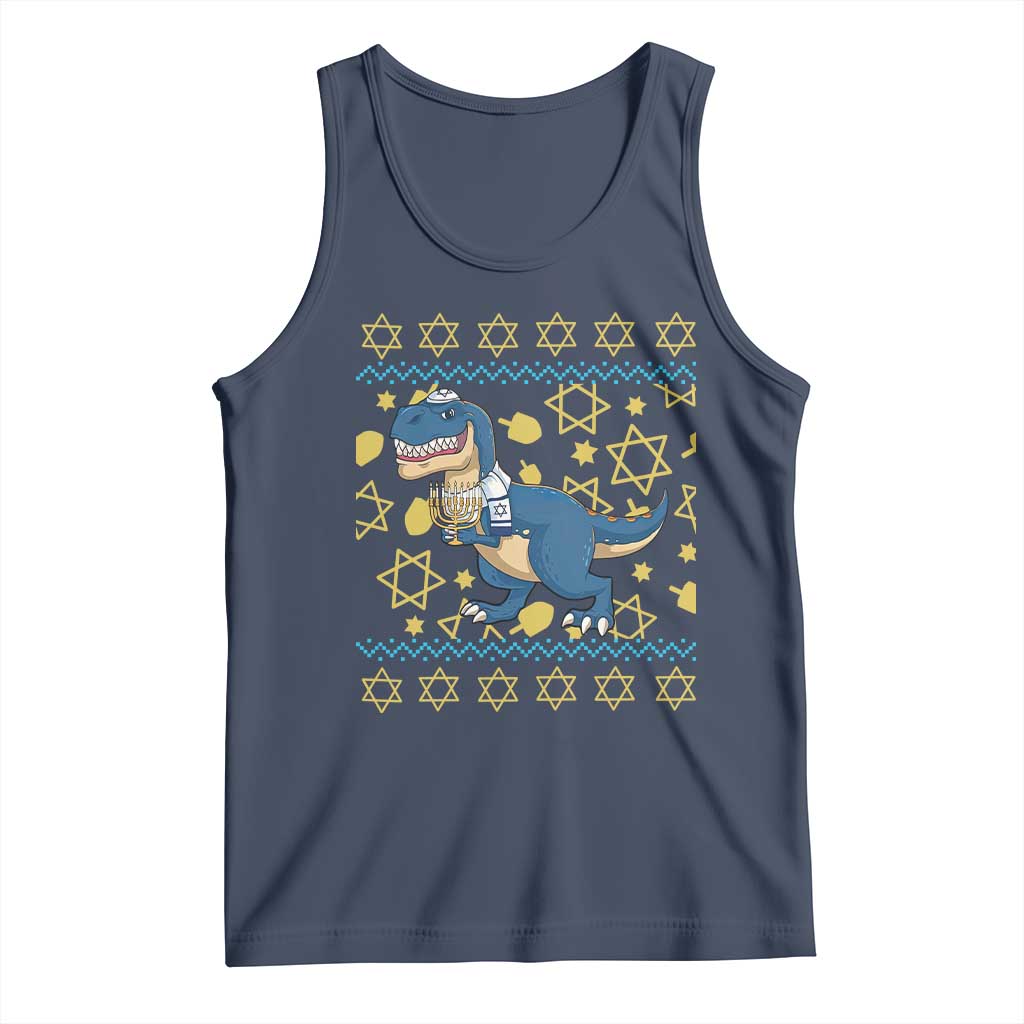 Funny Hanukkah Dinosaur Lover Ugly Sweater Tank Top Festival Of Lights Gift TS12 Navy Print Your Wear