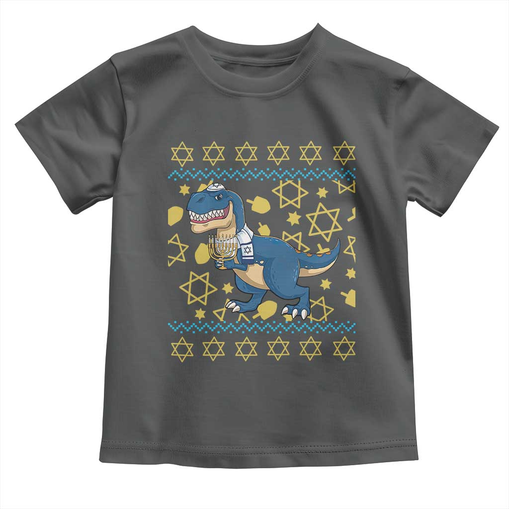 Funny Hanukkah Dinosaur Lover Ugly Sweater Toddler T Shirt Festival Of Lights Gift TS12 Dark Heather Print Your Wear