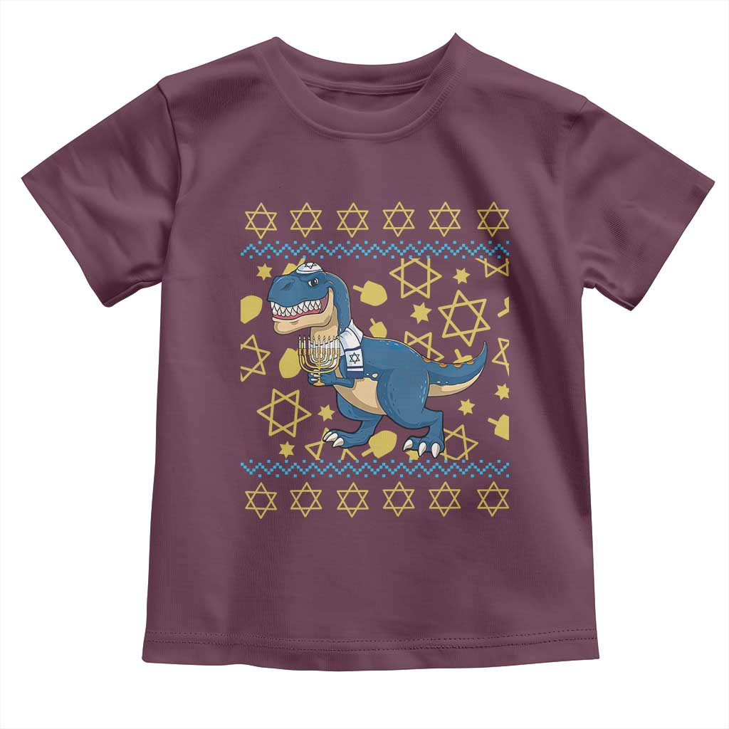 Funny Hanukkah Dinosaur Lover Ugly Sweater Toddler T Shirt Festival Of Lights Gift TS12 Maroon Print Your Wear