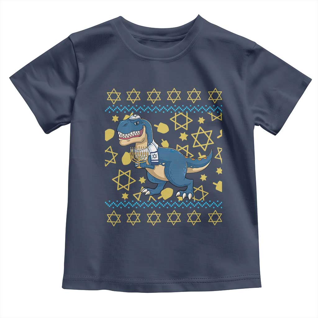 Funny Hanukkah Dinosaur Lover Ugly Sweater Toddler T Shirt Festival Of Lights Gift TS12 Navy Print Your Wear