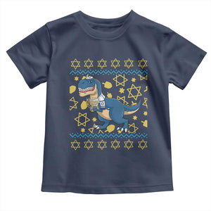Funny Hanukkah Dinosaur Lover Ugly Sweater Toddler T Shirt Festival Of Lights Gift TS12 Navy Print Your Wear