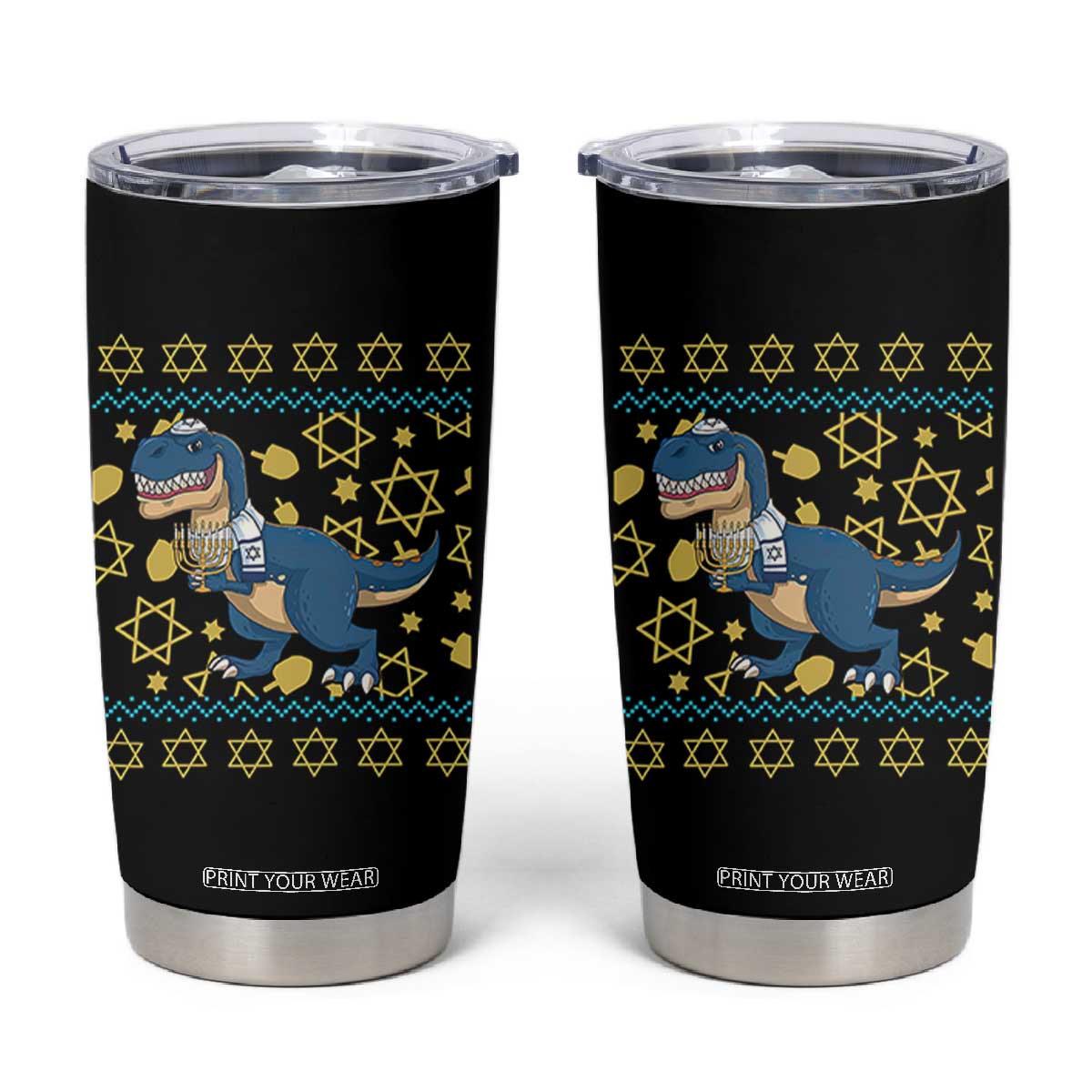 Funny Hanukkah Dinosaur Lover Ugly Sweater Tumbler Cup Festival Of Lights Gift TS12 Black Print Your Wear