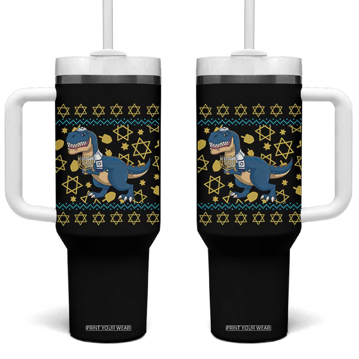 Funny Hanukkah Dinosaur Lover Ugly Sweater Tumbler With Handle Festival Of Lights Gift TS12 One Size: 40 oz Black Print Your Wear