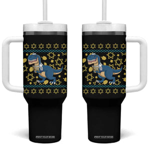 Funny Hanukkah Dinosaur Lover Ugly Sweater Tumbler With Handle Festival Of Lights Gift TS12 One Size: 40 oz Black Print Your Wear