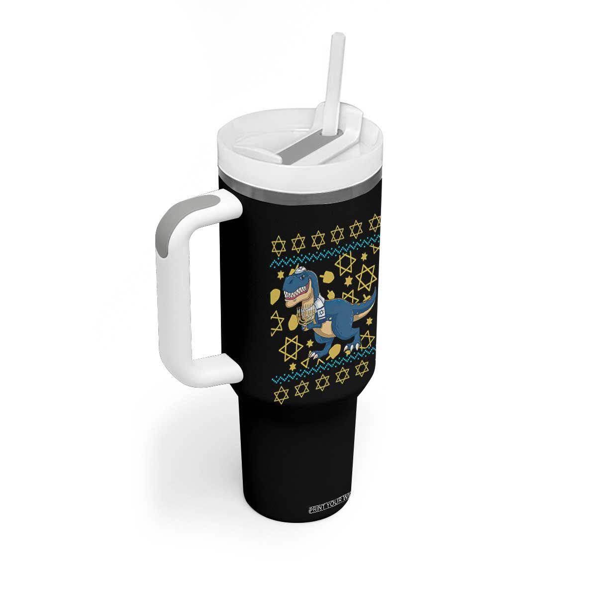 Funny Hanukkah Dinosaur Lover Ugly Sweater Tumbler With Handle Festival Of Lights Gift TS12 Print Your Wear
