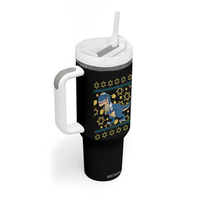 Funny Hanukkah Dinosaur Lover Ugly Sweater Tumbler With Handle Festival Of Lights Gift TS12 Print Your Wear