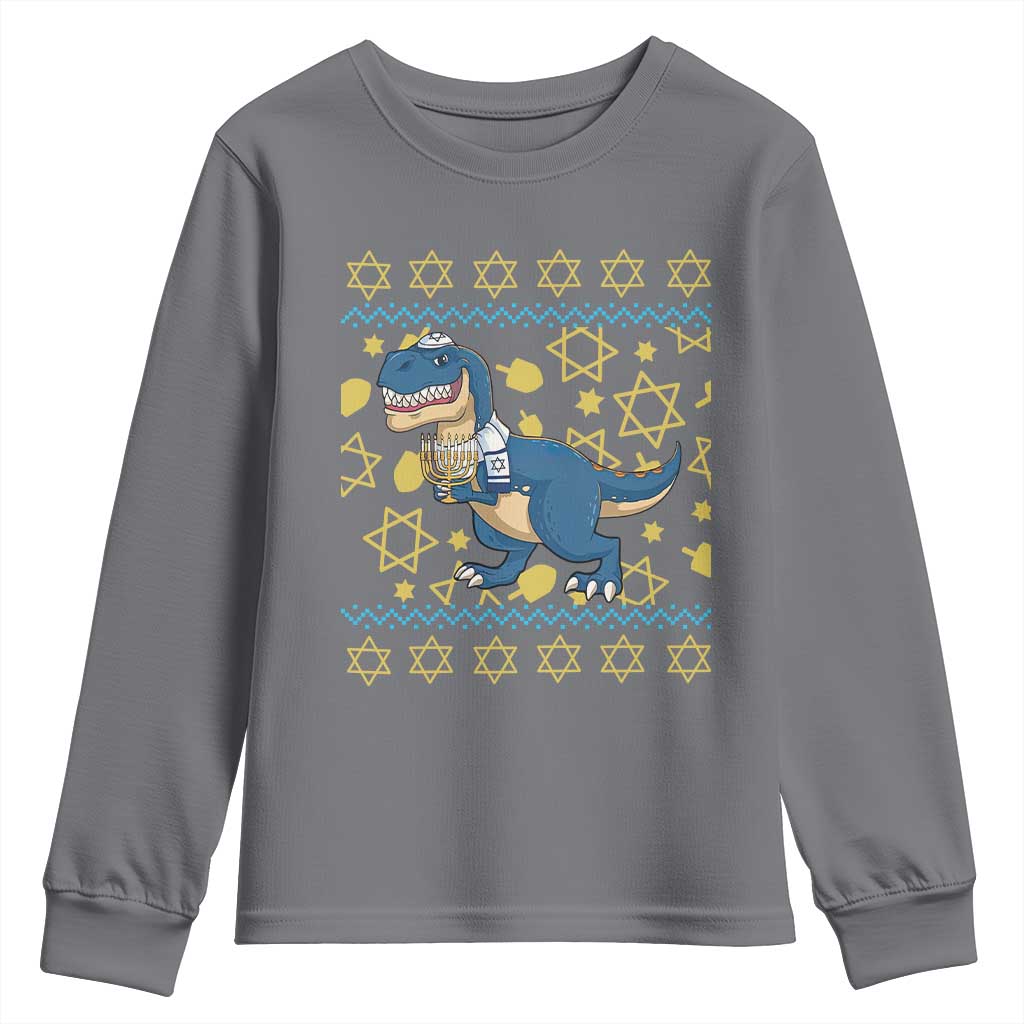 Funny Hanukkah Dinosaur Lover Ugly Sweater Youth Sweatshirt Festival Of Lights Gift TS12 Charcoal Print Your Wear