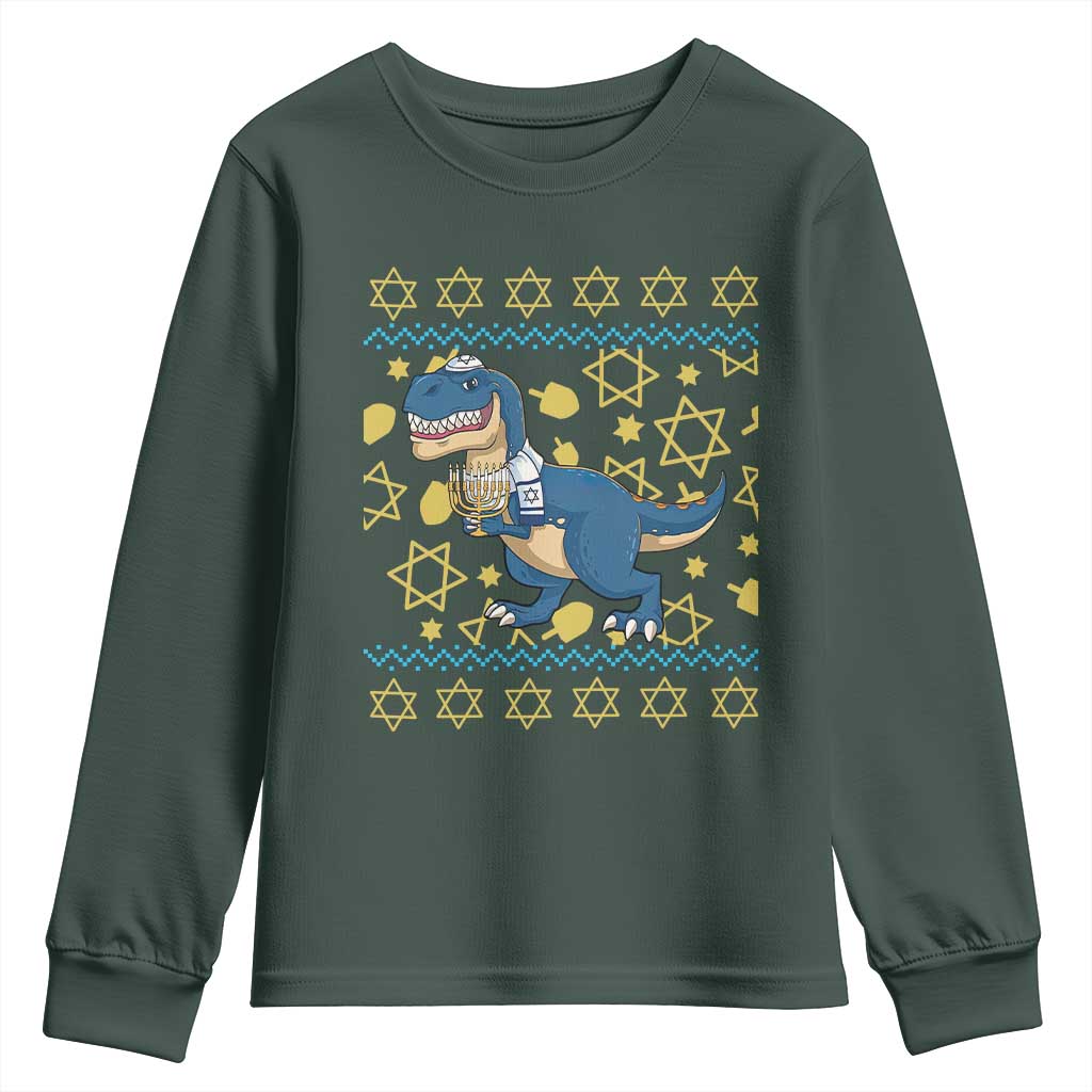 Funny Hanukkah Dinosaur Lover Ugly Sweater Youth Sweatshirt Festival Of Lights Gift TS12 Dark Forest Green Print Your Wear