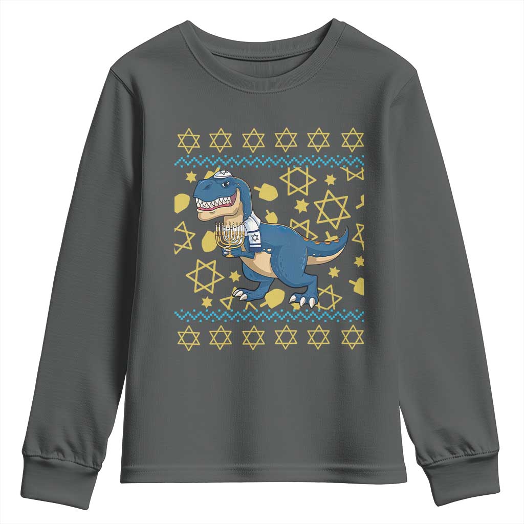 Funny Hanukkah Dinosaur Lover Ugly Sweater Youth Sweatshirt Festival Of Lights Gift TS12 Dark Heather Print Your Wear