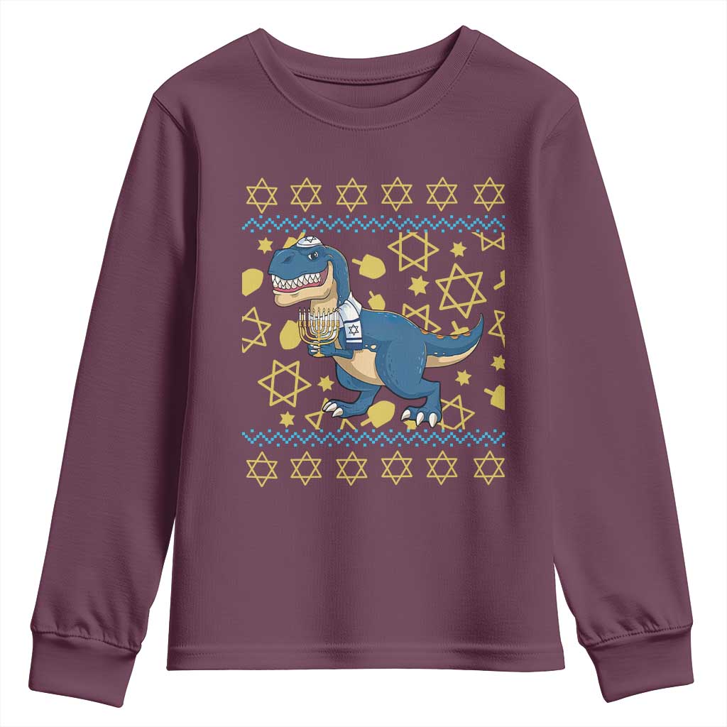 Funny Hanukkah Dinosaur Lover Ugly Sweater Youth Sweatshirt Festival Of Lights Gift TS12 Maroon Print Your Wear