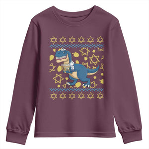 Funny Hanukkah Dinosaur Lover Ugly Sweater Youth Sweatshirt Festival Of Lights Gift TS12 Maroon Print Your Wear