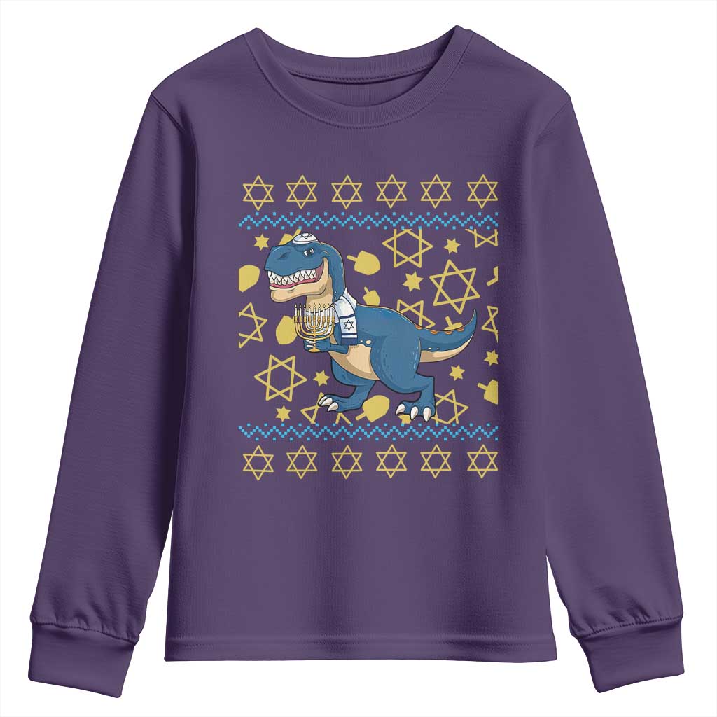 Funny Hanukkah Dinosaur Lover Ugly Sweater Youth Sweatshirt Festival Of Lights Gift TS12 Purple Print Your Wear