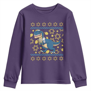 Funny Hanukkah Dinosaur Lover Ugly Sweater Youth Sweatshirt Festival Of Lights Gift TS12 Purple Print Your Wear