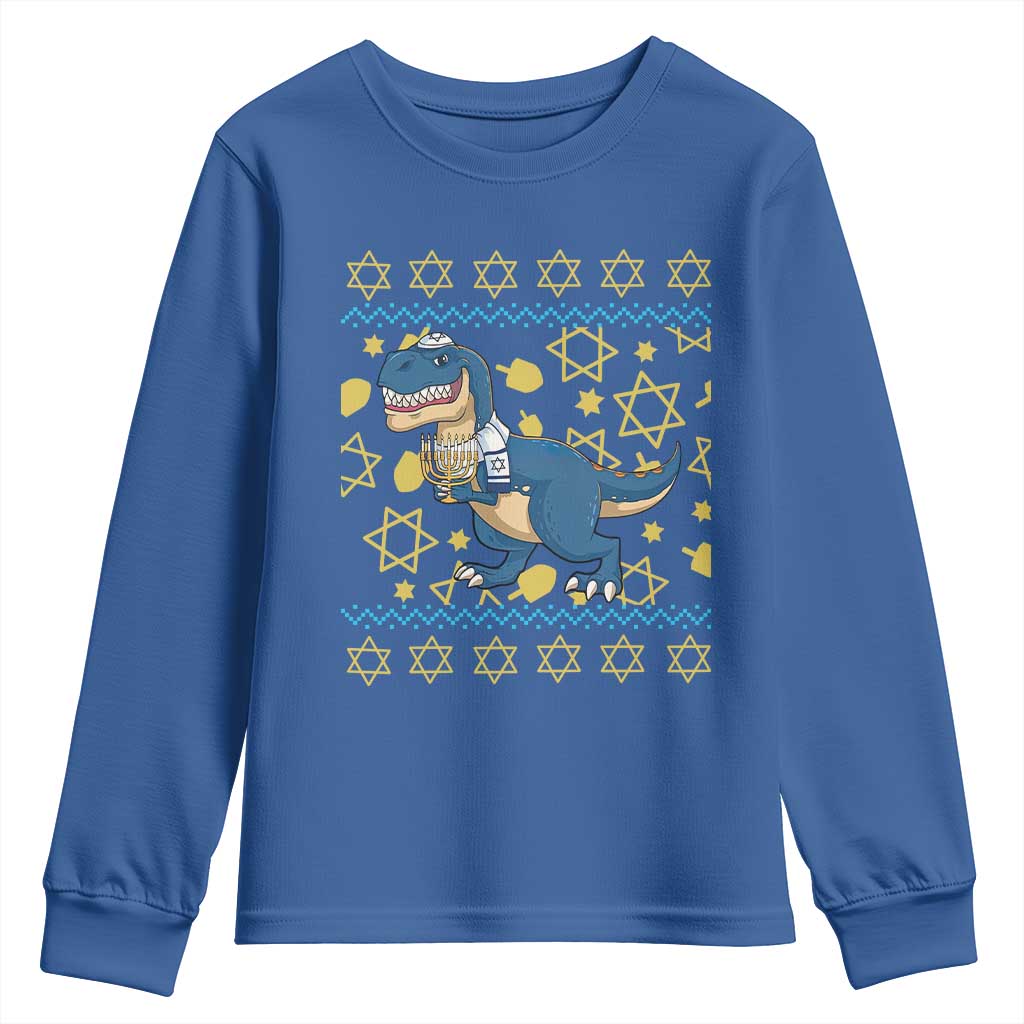 Funny Hanukkah Dinosaur Lover Ugly Sweater Youth Sweatshirt Festival Of Lights Gift TS12 Royal Blue Print Your Wear
