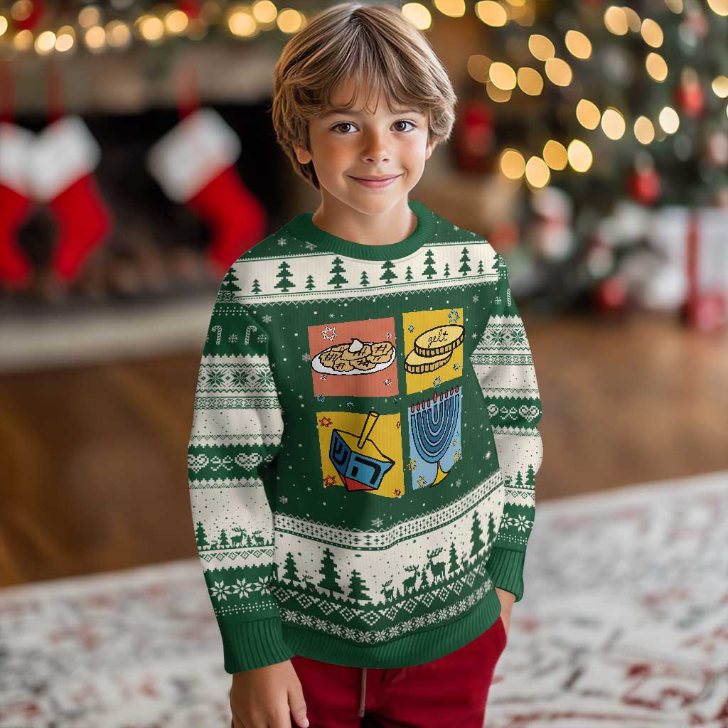 Hanukkah Ugly Christmas Sweater Festival Of Lights Dreidel Menorah Candle Star Gift TS12 Forest Green Beige Print Your Wear