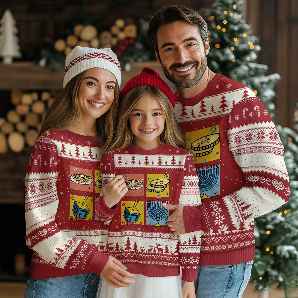 Hanukkah Ugly Christmas Sweater Festival Of Lights Dreidel Menorah Candle Star Gift TS12 Red Beige Print Your Wear